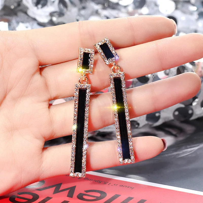 Long Black Rhinestone Rectangular Drop Earrings