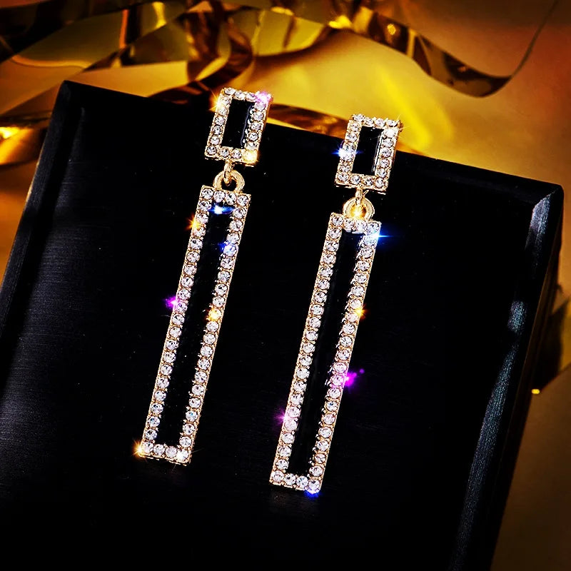 Long Black Rhinestone Rectangular Drop Earrings