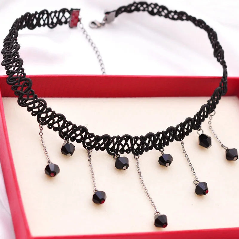 Short Black Woven Lace Crystal Pendant Choker