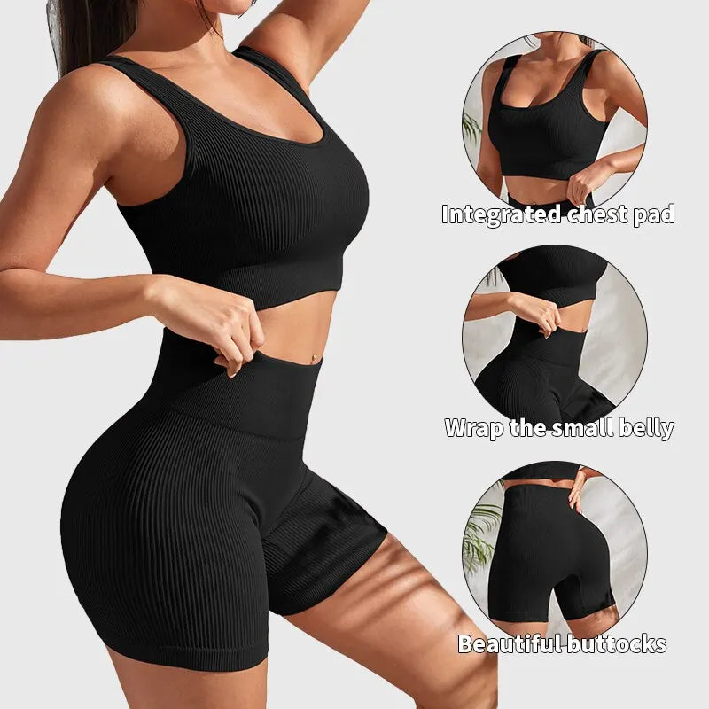 2 Pieces Seamless Ribbed Yoga Workout Sets