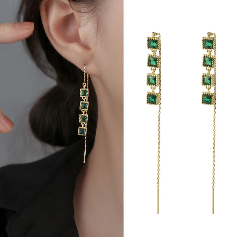 Emerald Square Long Drop Earrings