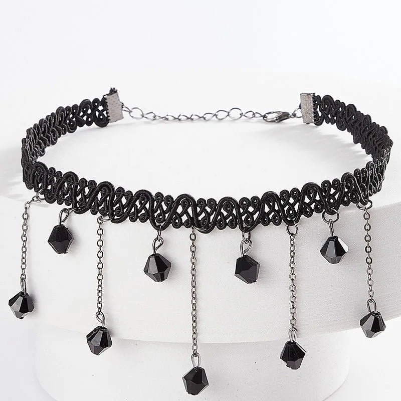 Short Black Woven Lace Crystal Pendant Choker