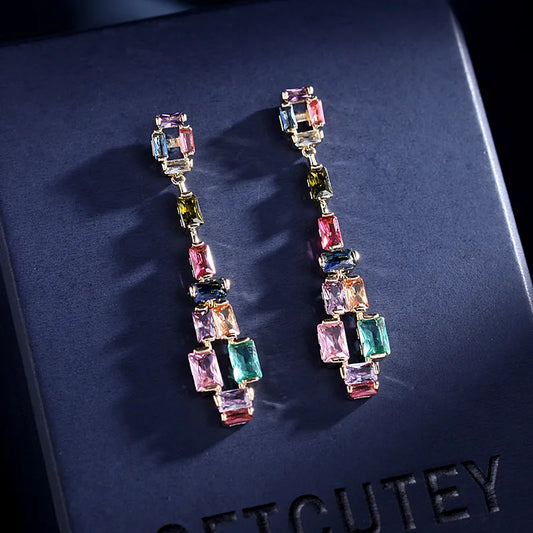 Long Colored Contrast Cubic Zirconia Earrings