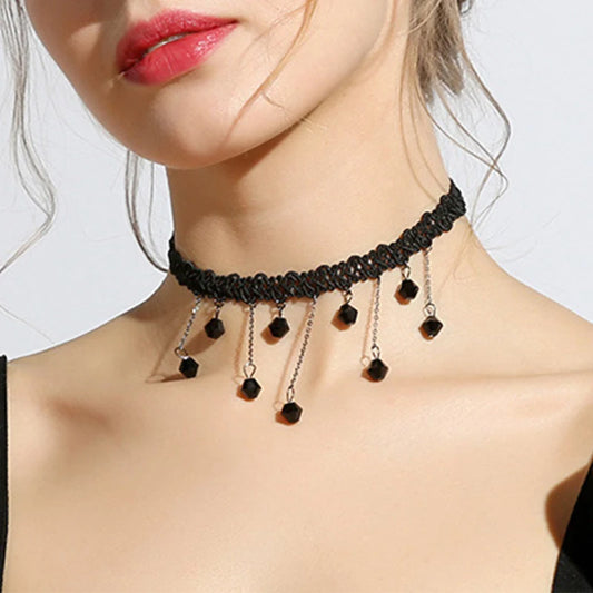 Short Black Woven Lace Crystal Pendant Choker