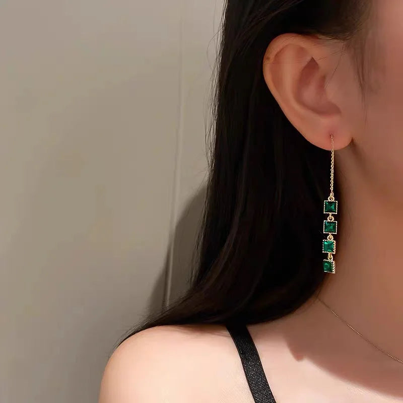 Emerald Square Long Drop Earrings