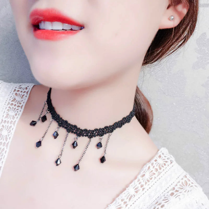 Short Black Woven Lace Crystal Pendant Choker