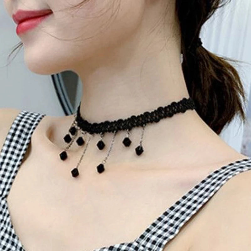 Short Black Woven Lace Crystal Pendant Choker